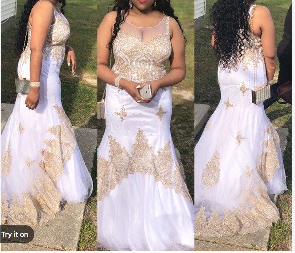 Anny Lee White & Gold Sleeveless Lace Beaded Sweetheart Ball Gown Dress L