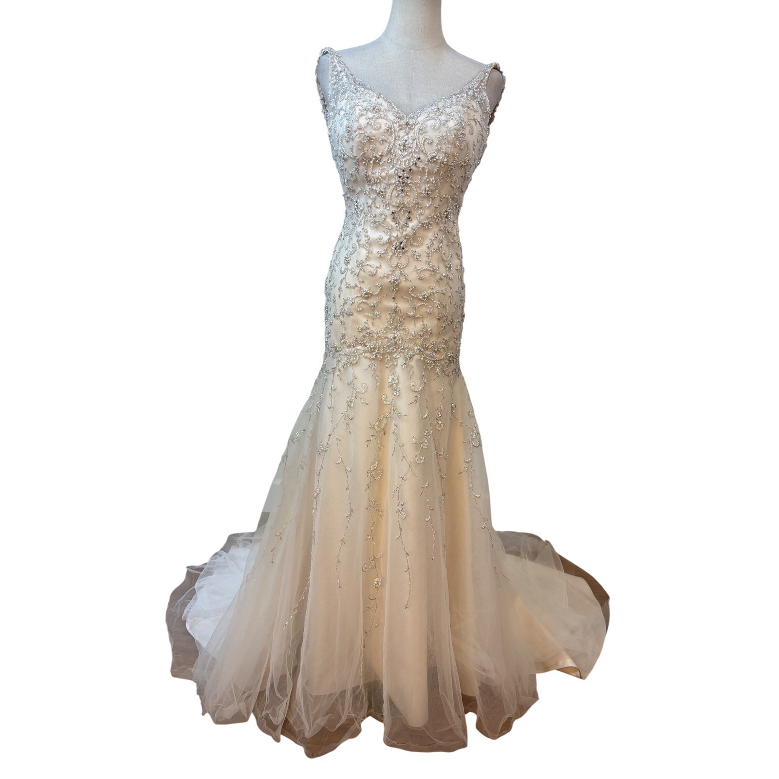 Stella York Wedding Gown 10 Champagne Mermaid Beaded Open Back train drop waist