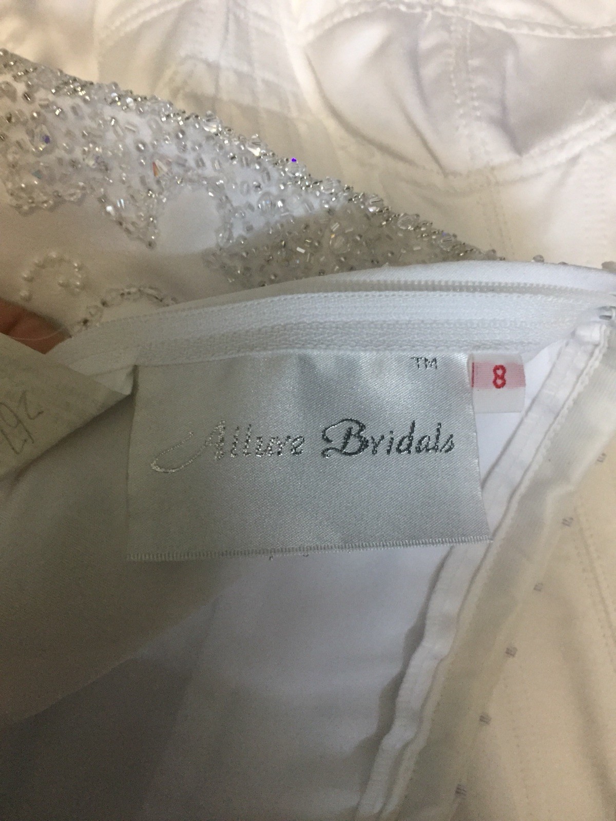 Allure Bridals Size 8 White Strapless Gown Wedding Dress W Sequins & Train