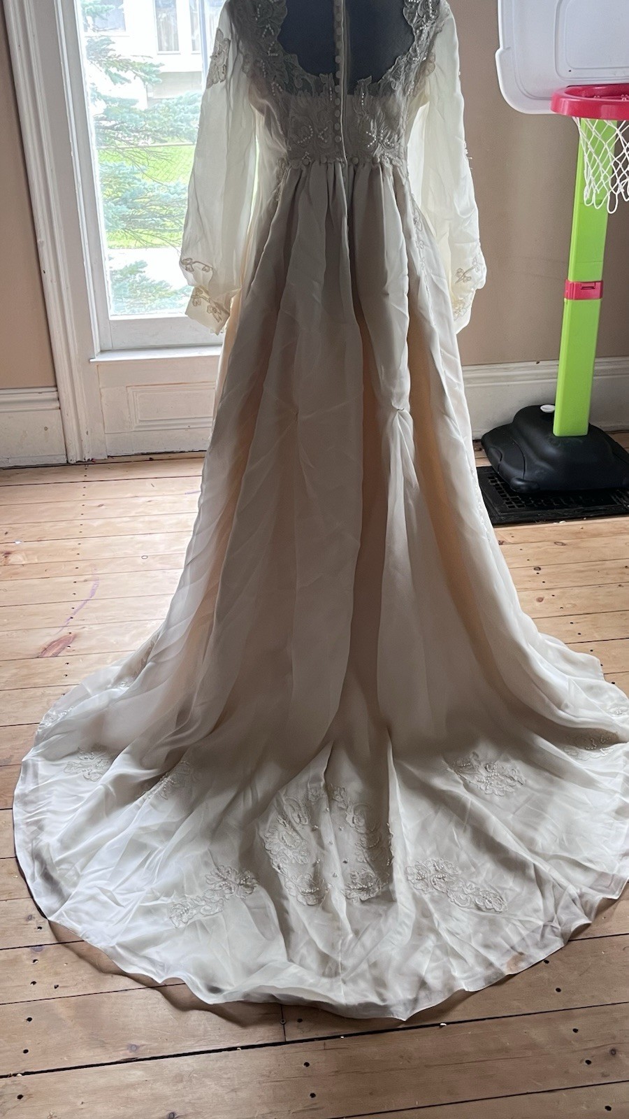 Vintage tan high Neck Long Sleeve Lace Beaded A-Line Wedding Dress Train