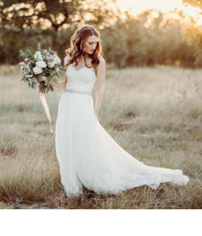 Watters Brides Wedding Dress 8-10 Ivory A-Line Lace Tulle Ribbon Karington 9080B
