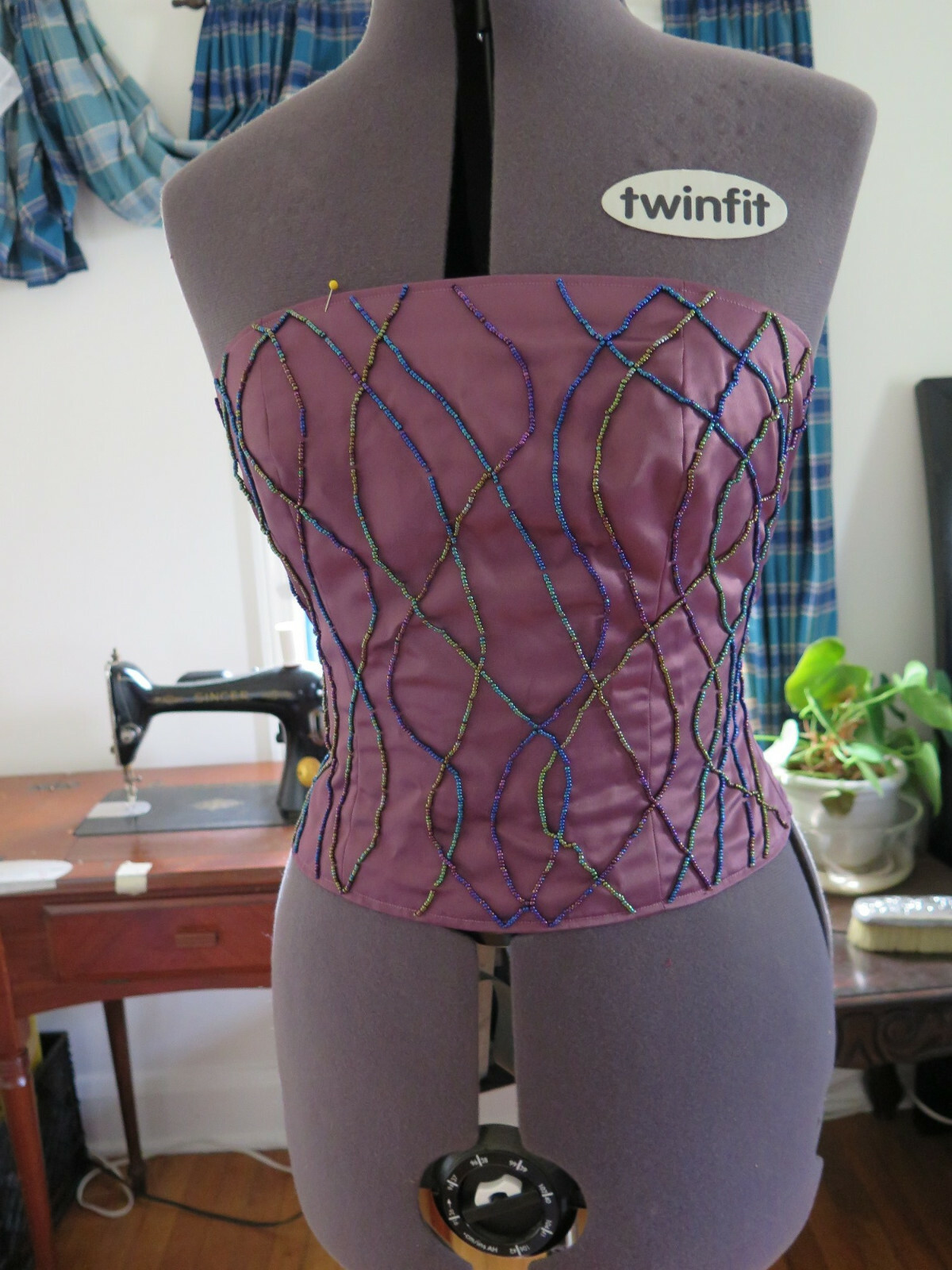 Beaded Strapless Corset Top-Ladies M-Dark Rose Satin
