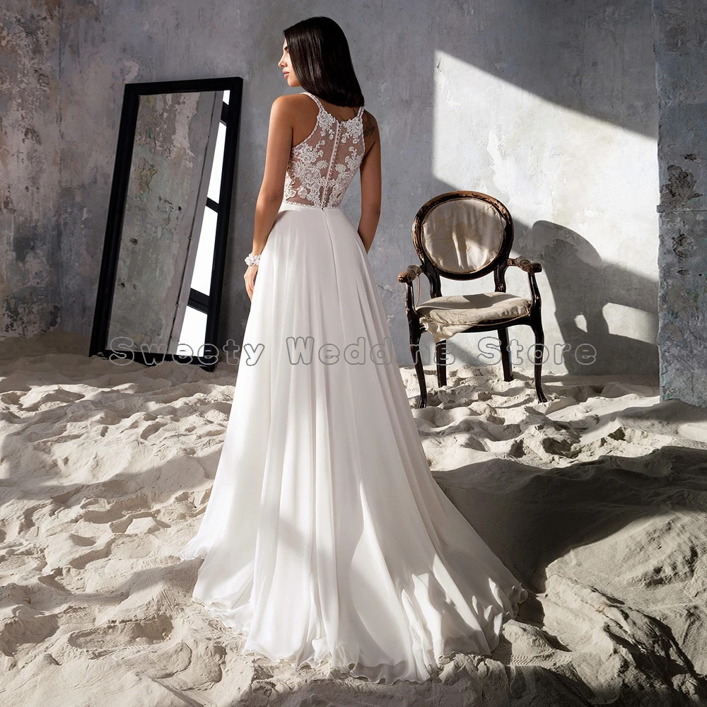 V Neck Sparkling Sequin Lace Chiffon Bride Dresses Side Slit Beach Bridal Gowns