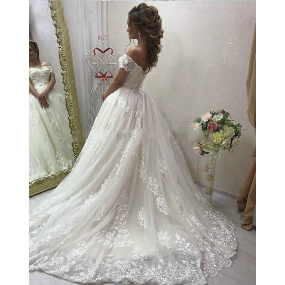 Elegant Off-Shoulder Wedding Dresses Applique Lace A-line BridalGown Court Train