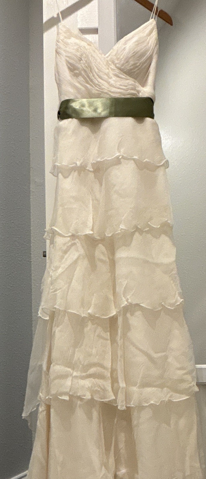 Watters Ivory Sweetheart Neck Spaghetti Strap A-Line Wedding Dress Sage Sash