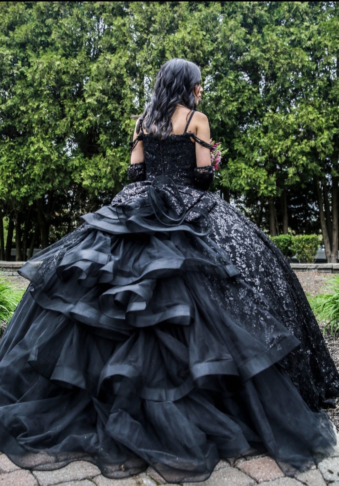 Black Lace Ball Gown Wedding Dress Off-Shoulder Long Sleeve Corset Full-Length