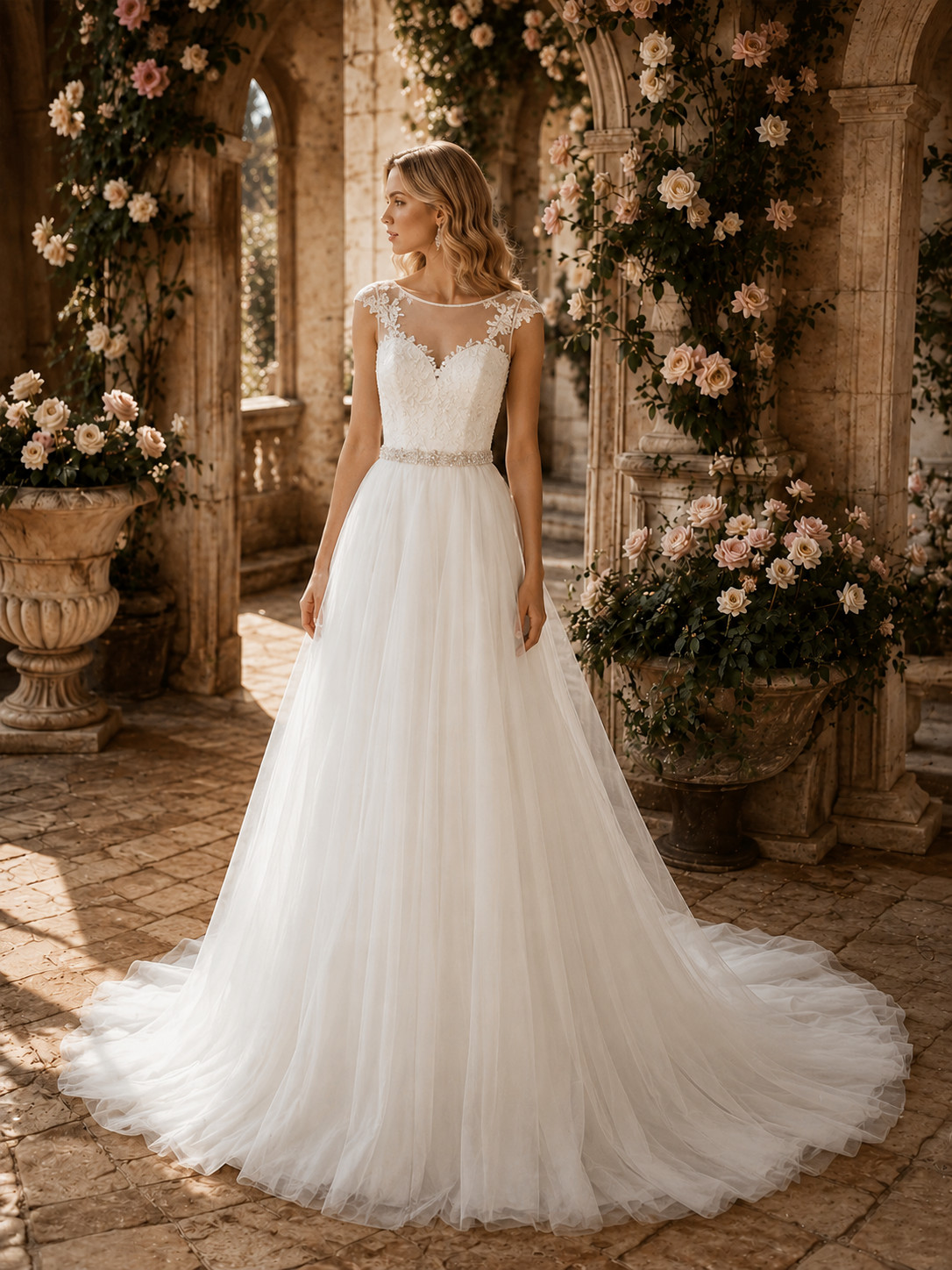 DaVinci Wedding Dress 10-12 Off-White Tulle Ball Gown Bling Belt Illusion Modern