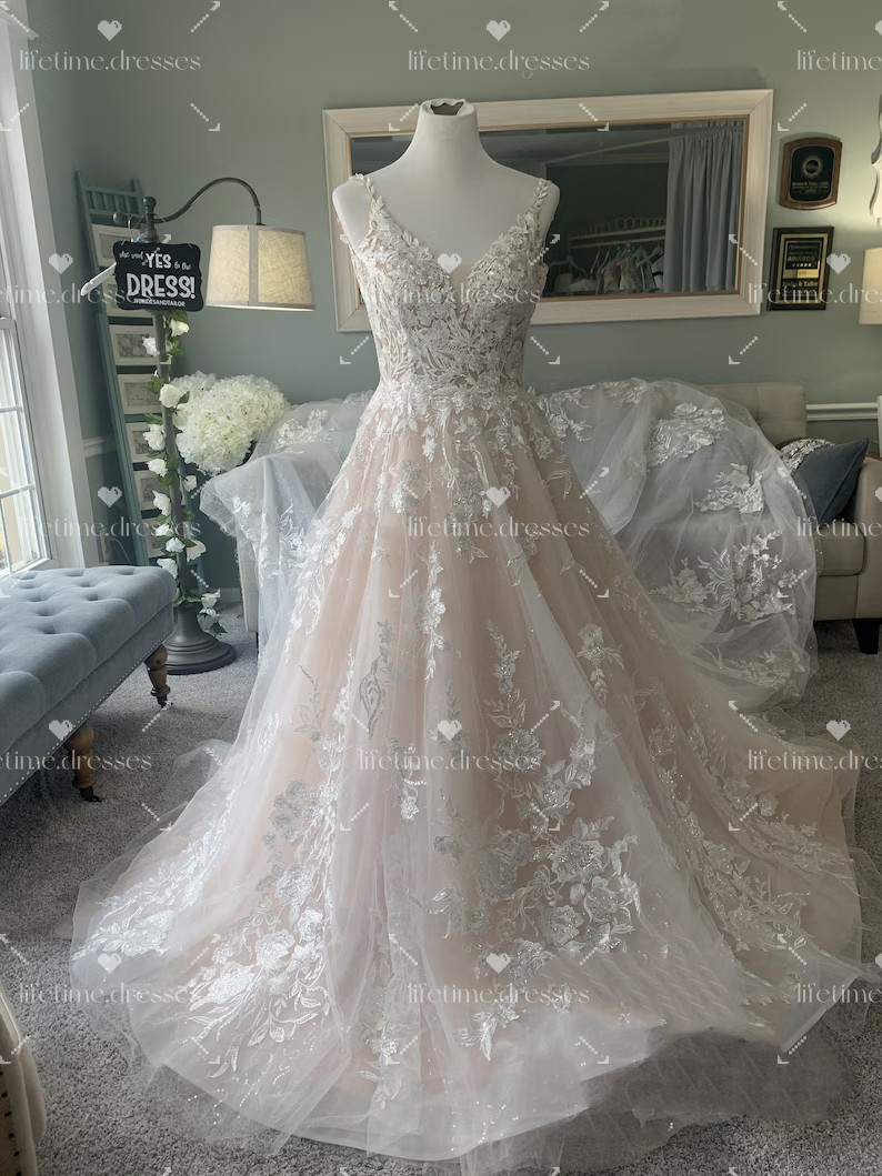 Blush Pink Wedding Dresses A line Elegant Nude V Neck Sweep Train Bridal Gowns