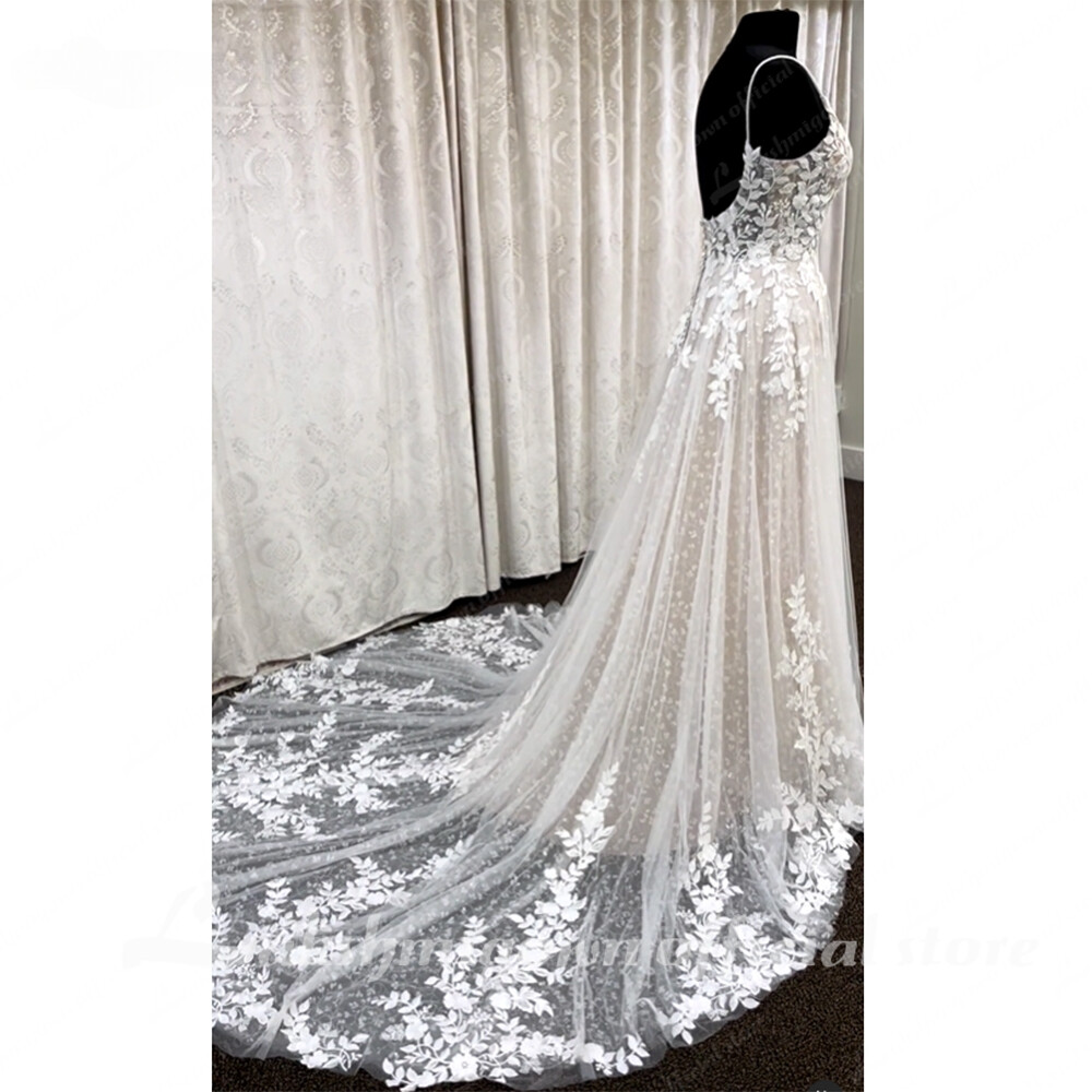 Deep V Neck Lace Floral Wedding Dresses Bridal Gown Champagne Spaghetti Straps
