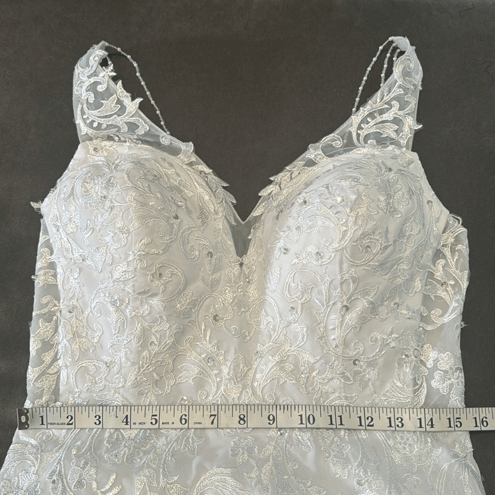 Women’s White Chiffon Wedding Dress Leg Split Zip Up Back Beaded Straps Size 12