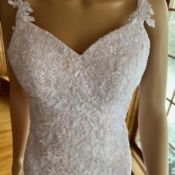 * Pink Spaghetti Strap White Lace Flared Wedding Gown Bridal Dress Size 4 6