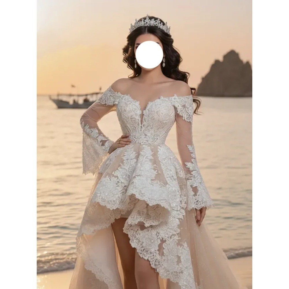 Champagne Strapless Wedding Dresses Lace V-Neck Dubai Style High Low A-Line Gown