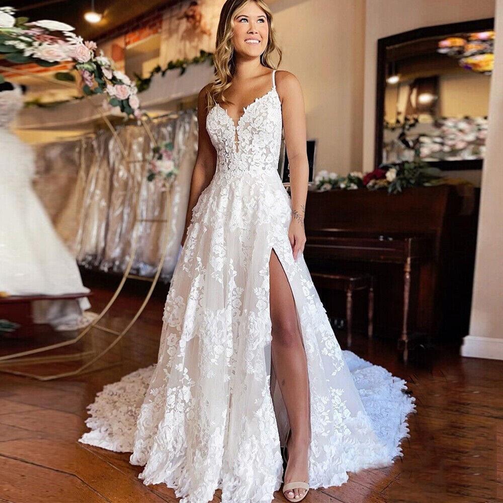 Lace Applique Wedding Dresses Off Shoulder with High Split Bridal Gowns Train