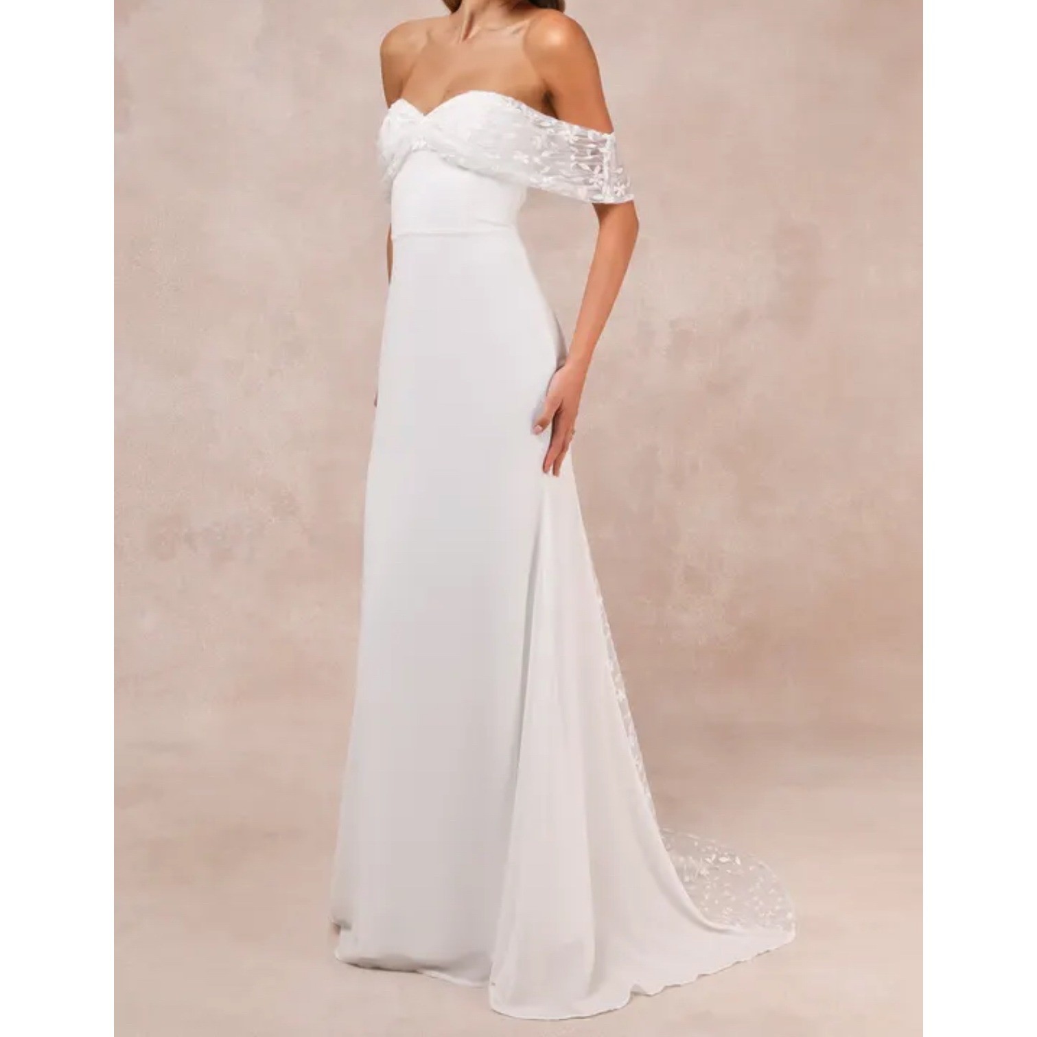 Lulus Beloved Beginning White Off Shoulder Lace Bodice Wedding Dress Maxi Sze XS