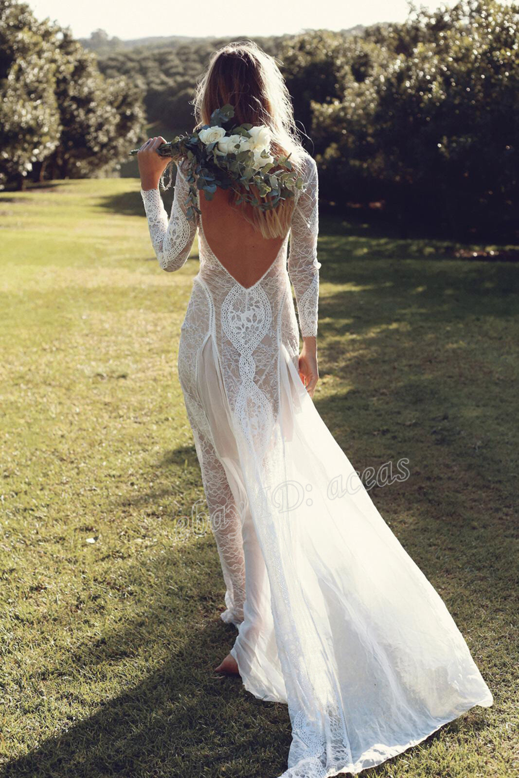 Long Sleeve Backless O-Neck Lace Boho Bohemian Beach Wedding Dress Bridal Gown