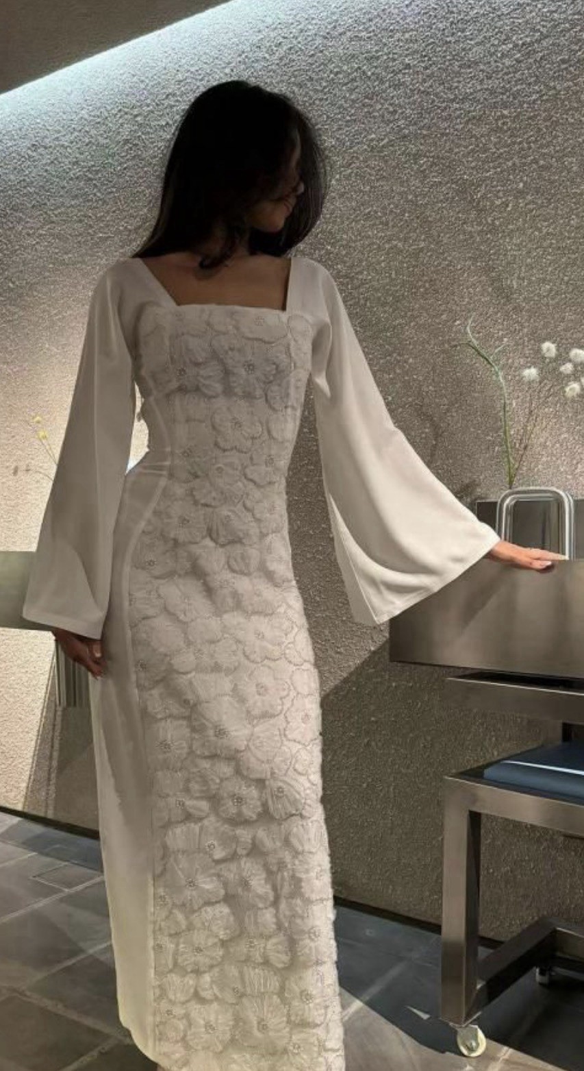 White Square Neck Long Sleeve Embroidered Beaded Sheath floral Graduation dress