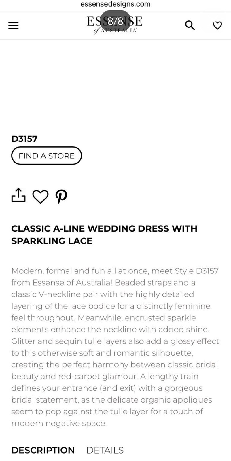 Essense of Australia D3157 A-Line V-Neck Sleeveless White Lace Wedding Dress