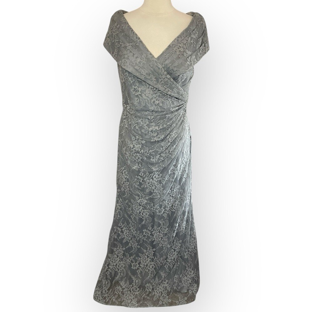 NWT LA FEMME Special Occasion Mother of the Bride Gray Lace Column Gown, Size 14