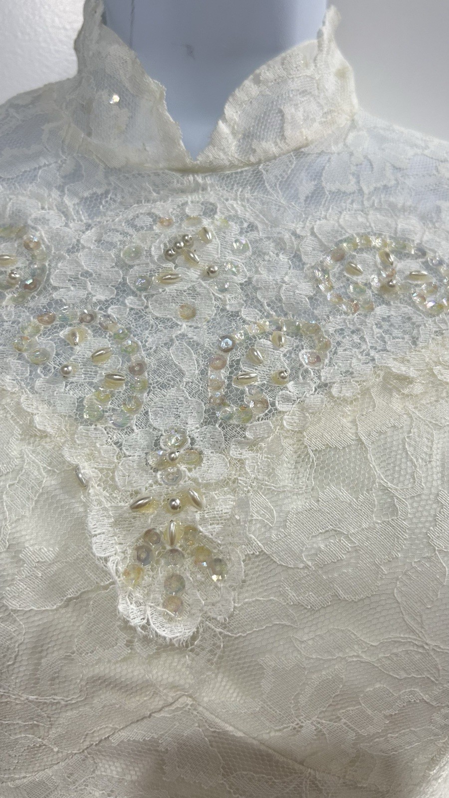 Ivory Lace Long Sleeve High Neck A-Line Wedding Dress with Beading and Ruffles