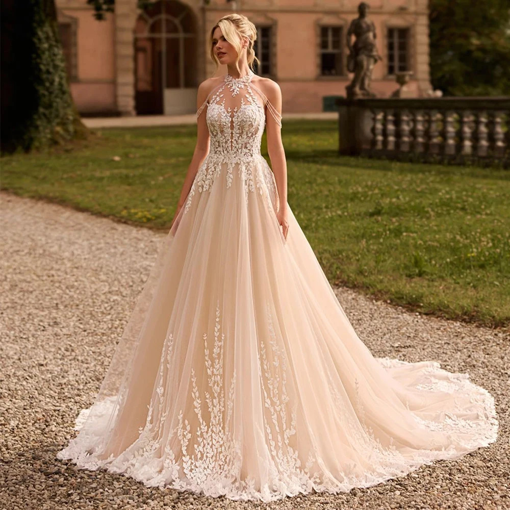 Champagne Wedding Dresses V Neck Customized Sleeveless Bride Gown