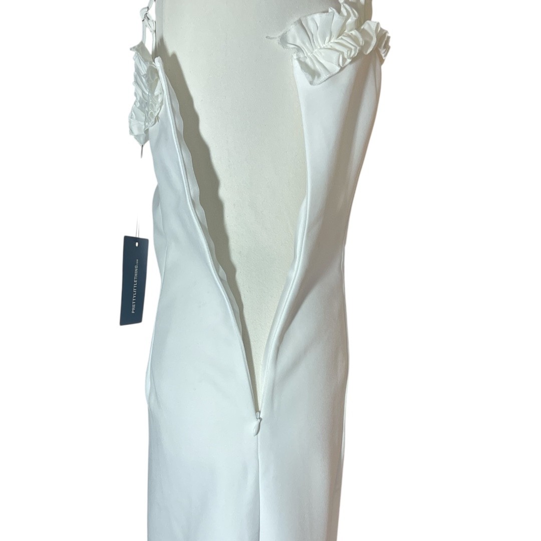 PrettyLittleThing White Ruffle Trim Midi Dress NWT Size 4 Romantic Slit Bodycon