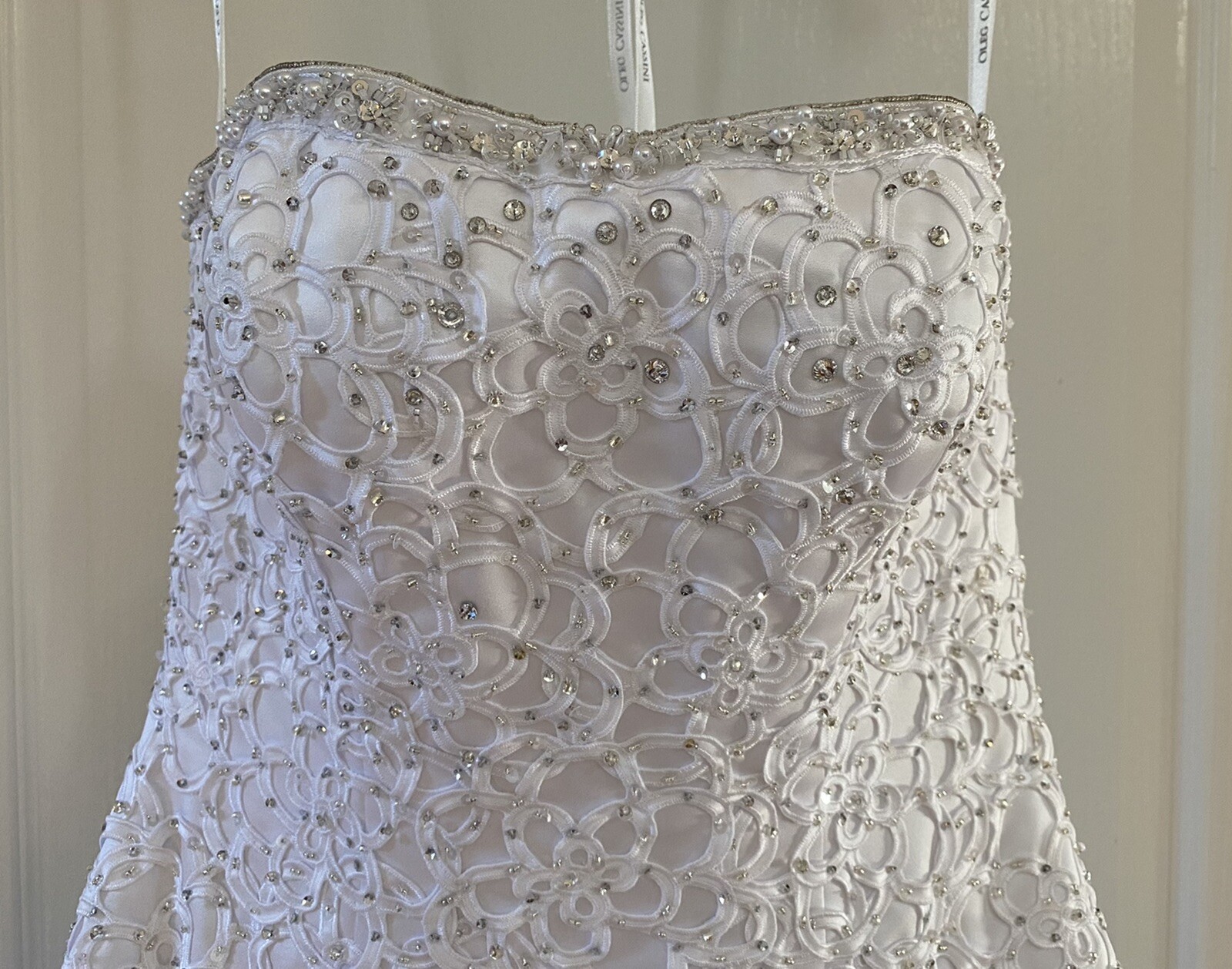 Oleg Cassini White Wedding Dress CWG344 Strapless Beaded Ruffle Satin Tulle Sz 2