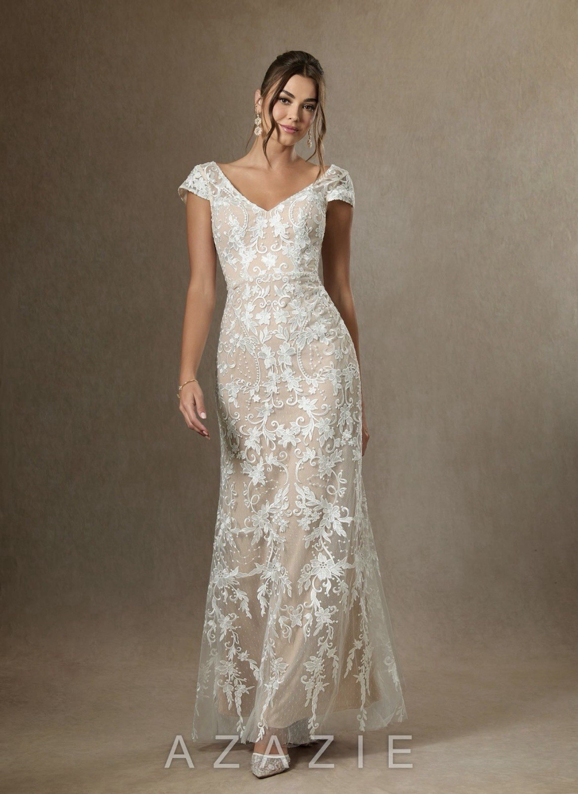 Azazie Ivory Lace Embroidered V-Neck Cap Sleeve Sheath Gown Zipper/Buttons