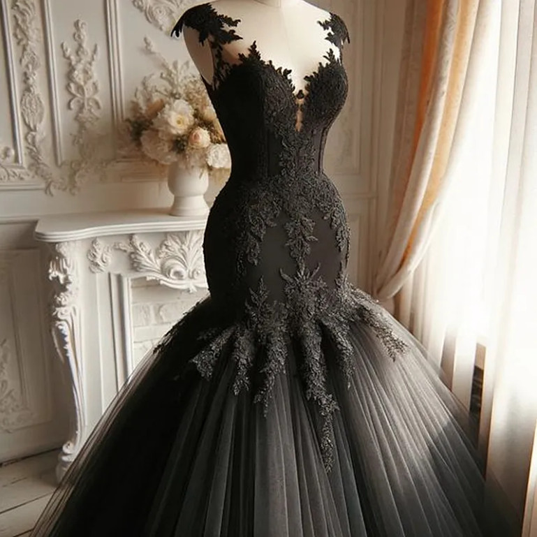 Black Gothic Mermaid Wedding Dresses Lace Appliques Sheer Neck Elegant Bridal