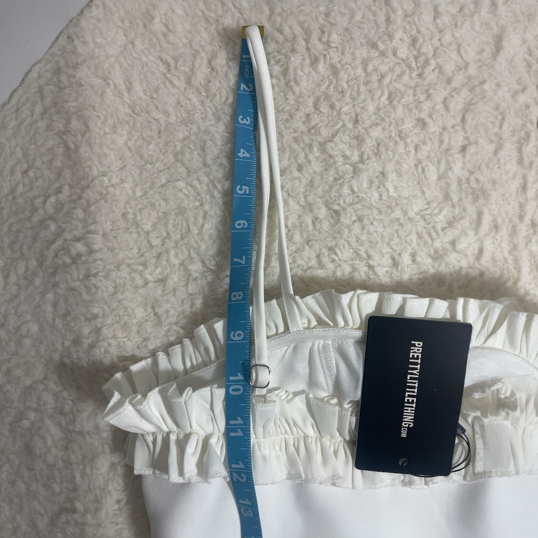 PrettyLittleThing White Ruffle Trim Midi Dress NWT Size 4 Romantic Slit Bodycon