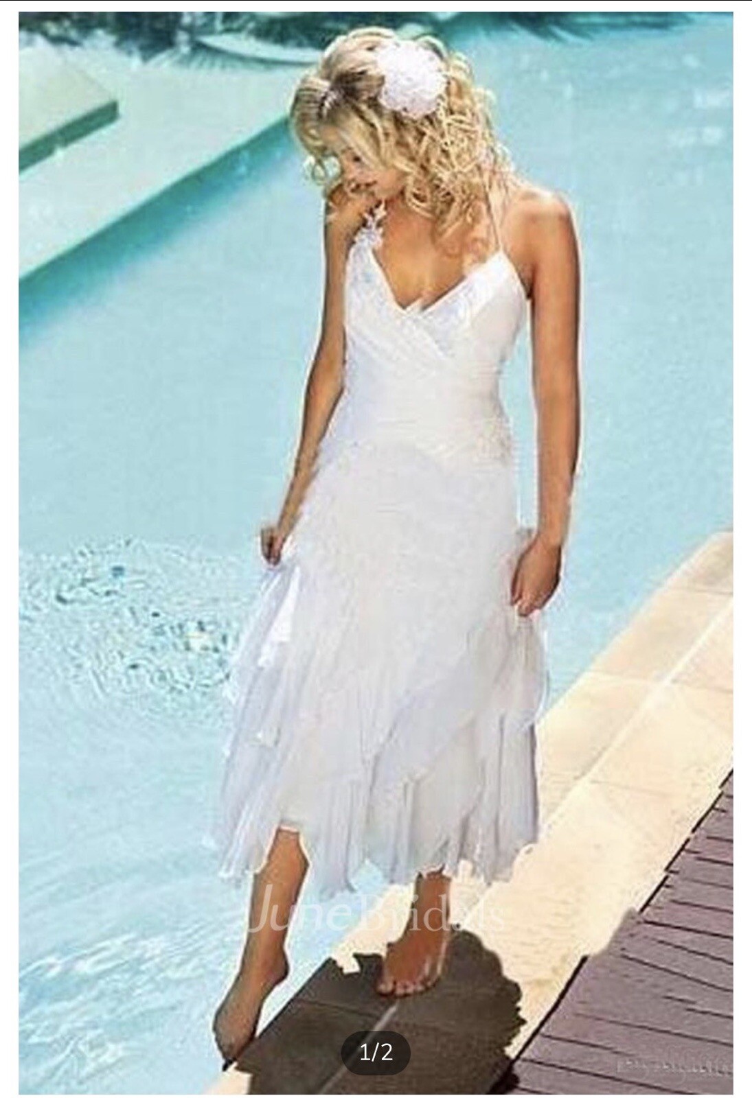 Bohemian Beach Halter Neck Tea Length Chiffon Bridal Gown, Size 8