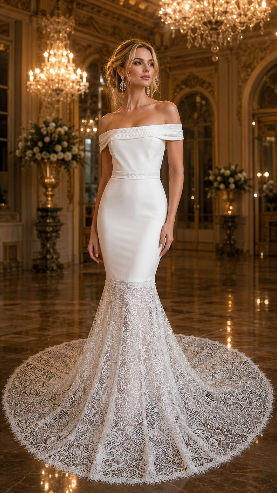 Chosen Kyha Wedding Dress 10-12 Ivory Lace Matte Jersey Crochet Off Shoulders