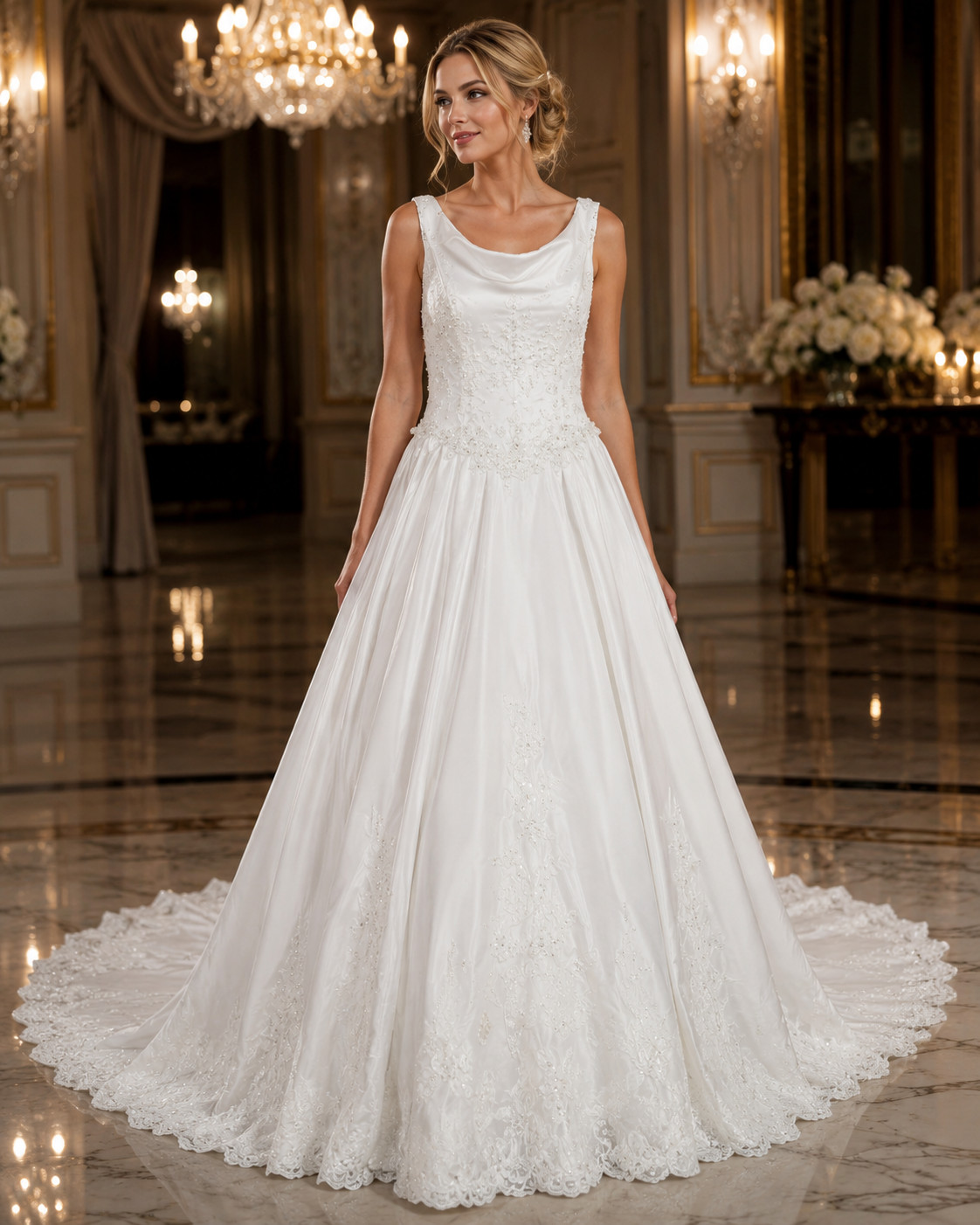 Forever Yours Wedding Dress 16 Off-White Long Train Bling Sash Scoop Neck Straps
