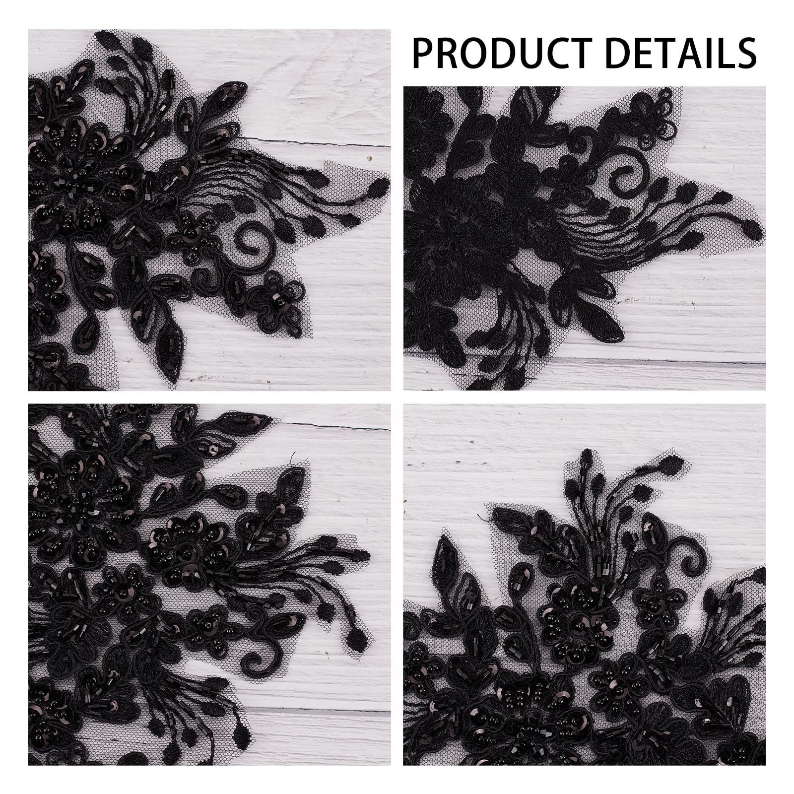 GORGECRAFT 2Pcs Pearl Flower Embroidery Lace Patches 3D Floral Black Floral E…