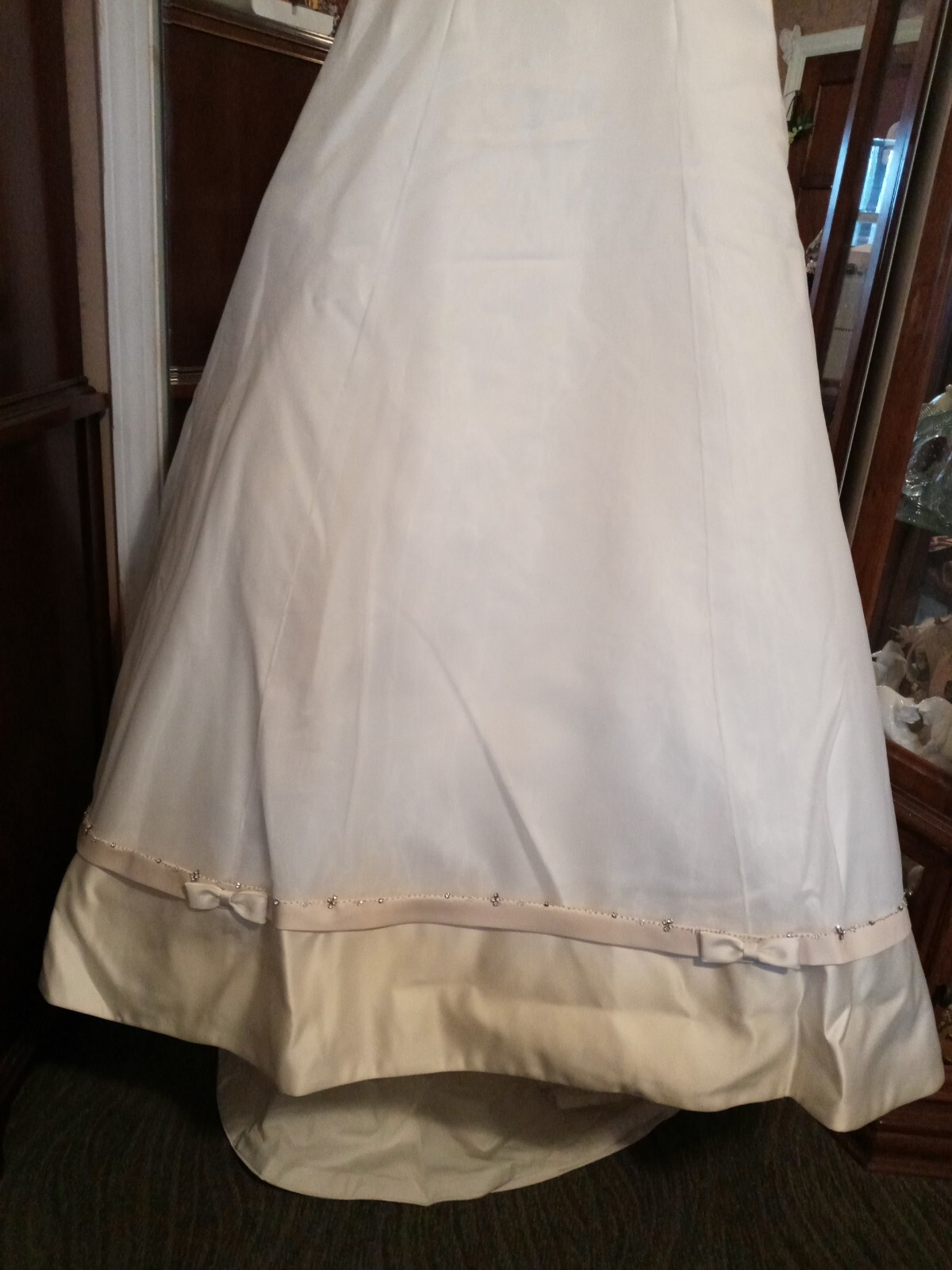 Elegant Wedding Dress,Beige & Ivory, Matte Satin W Tull W Train.Bow tie. Size 8.