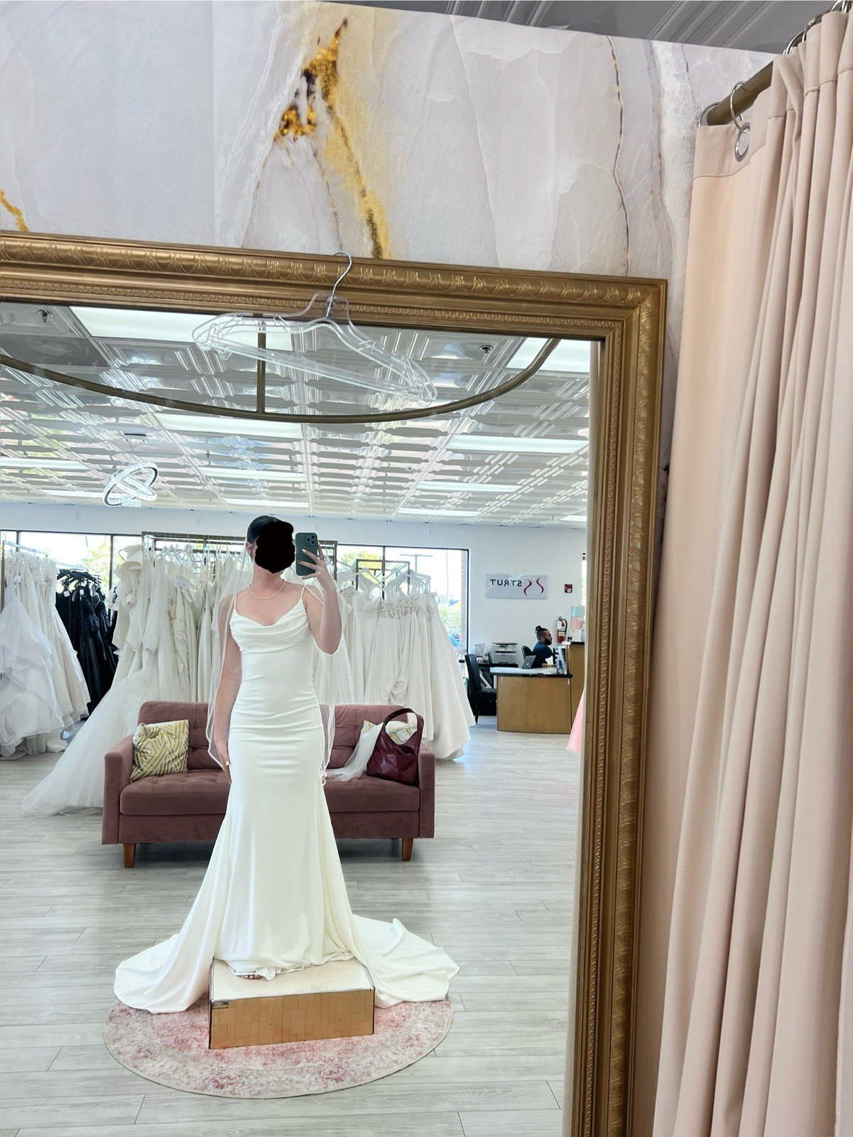 Strut Ivory Cowl Neck Sheath Crepe Wedding Dress Sleeveless Size 2 Train