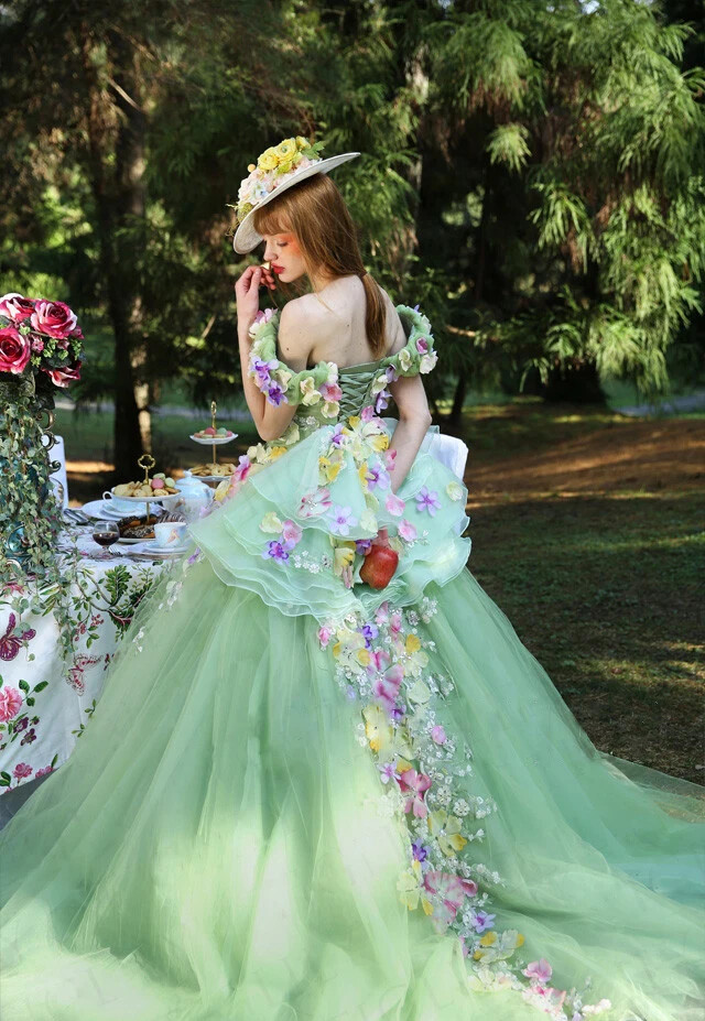 Floral Fluffy Tulle Fairy Wedding Dresses Lace Up Back Bridal Gowns 3D Flowers