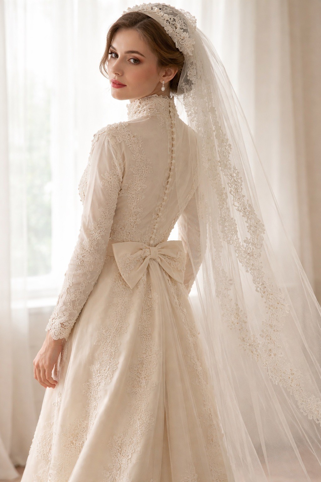 Vintage Ivory Lace Bridal Gown w/ Attached Veil | Long Sleeve High Neck Wedding