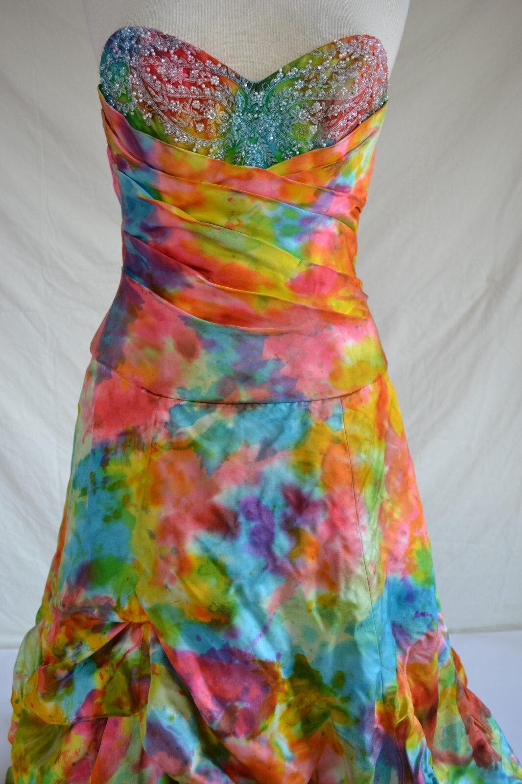 NEW silk Bohemian Wedding Dress destination beach Blue pink white tie dye gown M