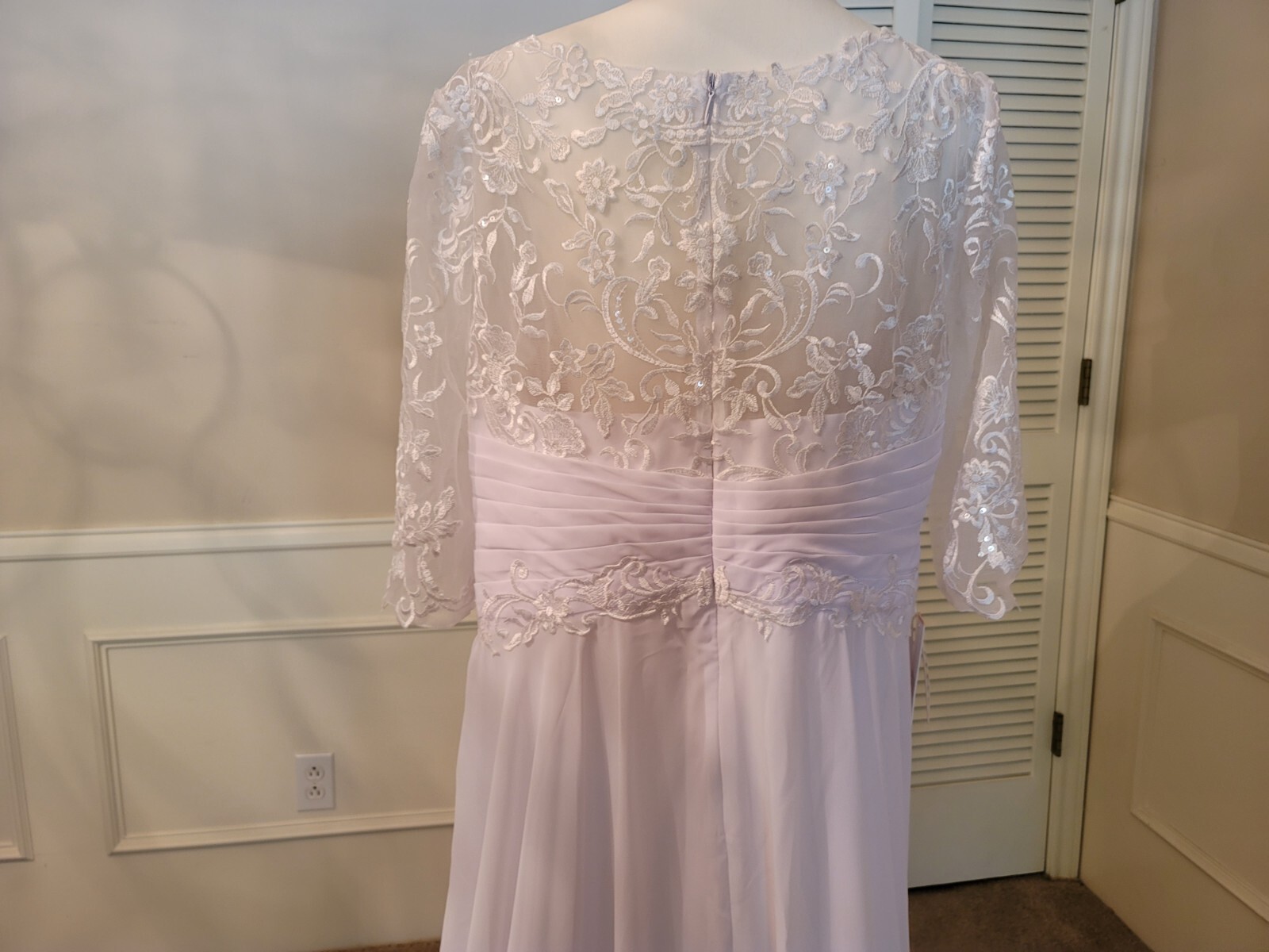 A-line Scoop Illusion Floor-Length Lace Chiffon Wedding Dress w/ Pleated Sequins