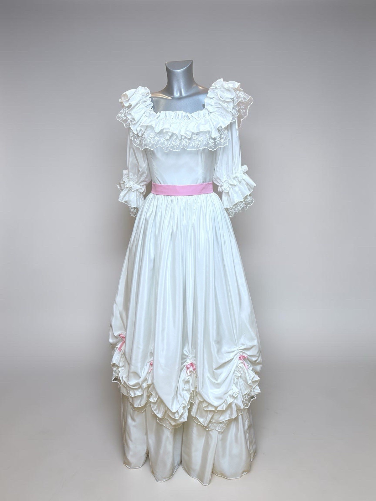 Victorian Vintage White Satin Wedding Dress Portrait Neck 3/4 Sleeve + Pink Bow