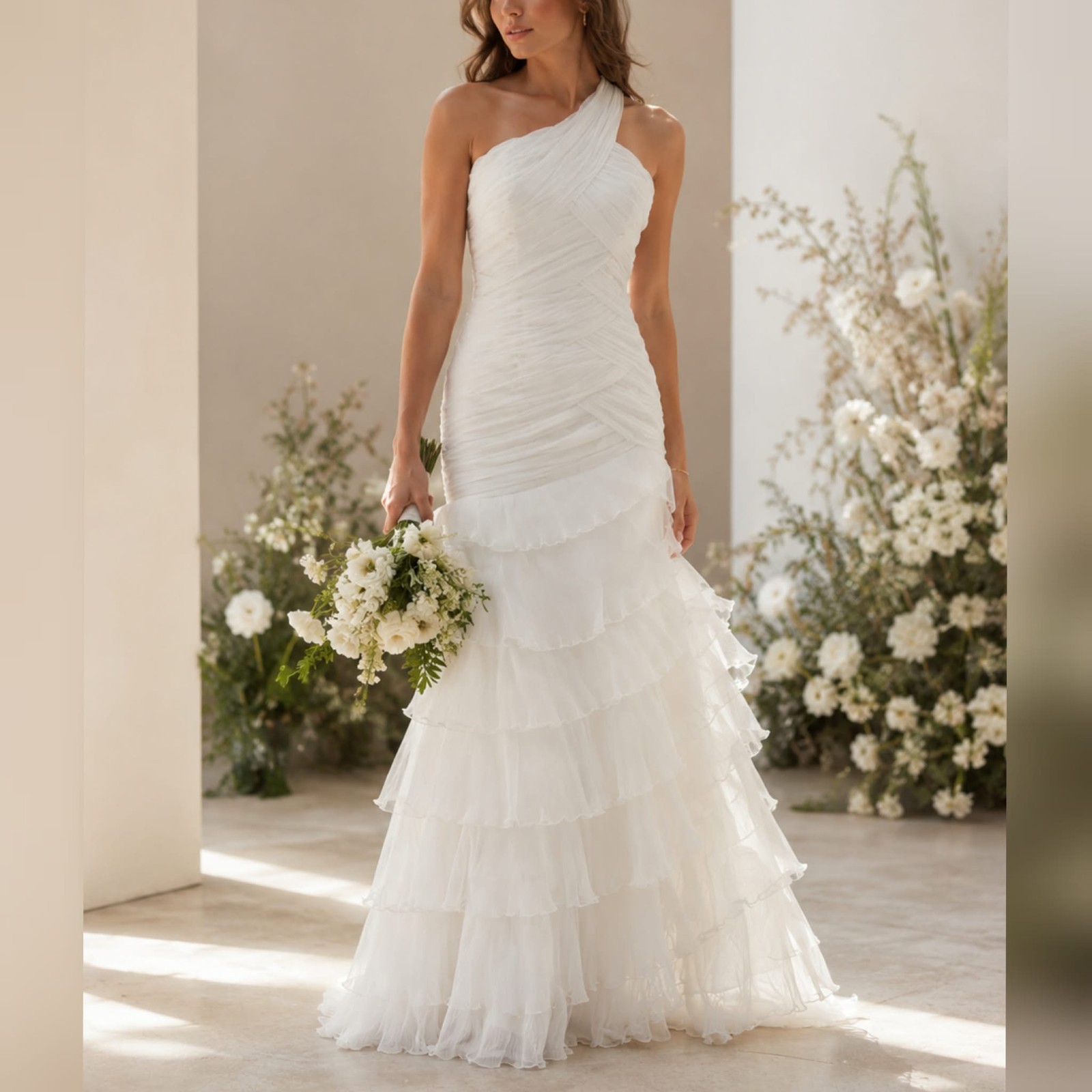 Unbranded Ruched Tiered ivory one shoulder Wedding Dress sz 6