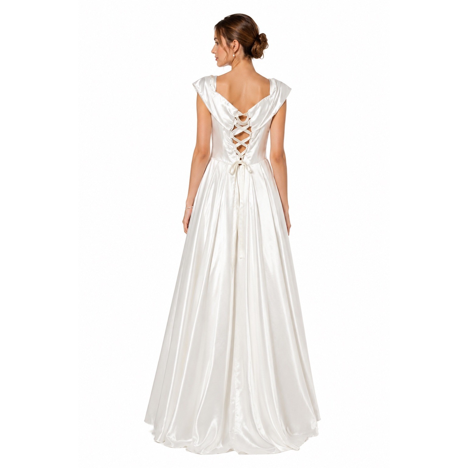 Juliet’s Bridal Chanel White Satin Corset Gown Off Shoulder High Slit Dress 28