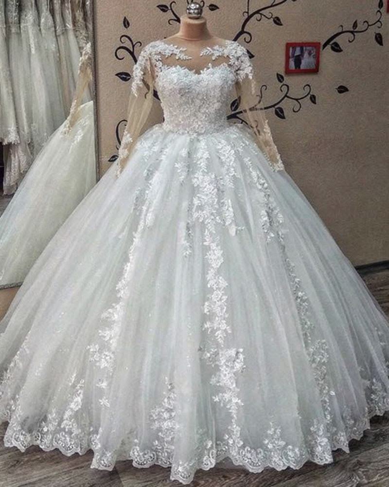 Romantic Princess Wedding Dress Long Sleeve Lace Applique Scoop Neck Bridal Gown