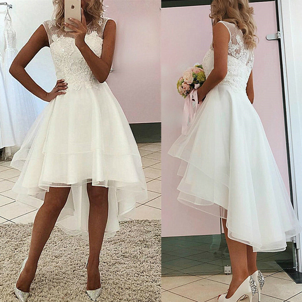 Short Boho Wedding Dresses Lace Beach Gown High Low Tulle Appliques Bridal Gowns