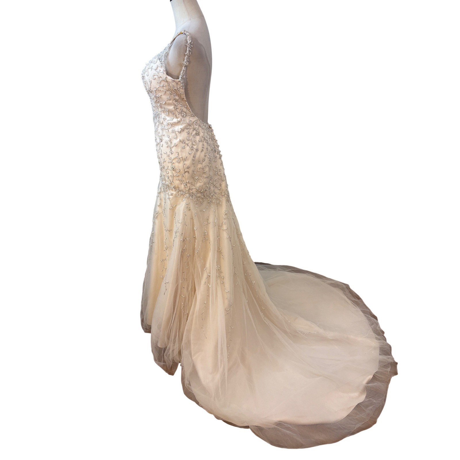Stella York Wedding Gown 10 Champagne Mermaid Beaded Open Back train drop waist
