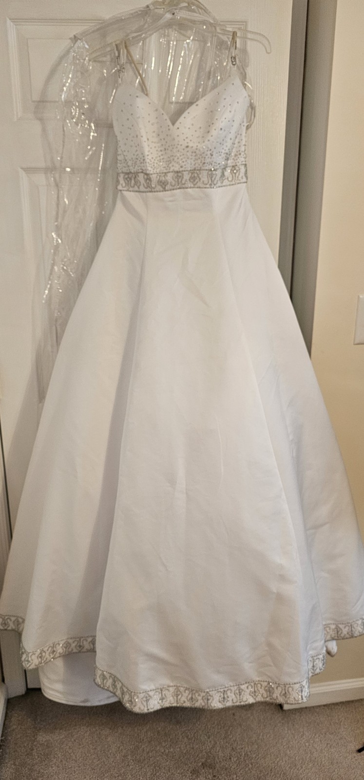 White Silver Ball Gown Wedding Dress Sleeveless V-Neck Beading Train Buttons