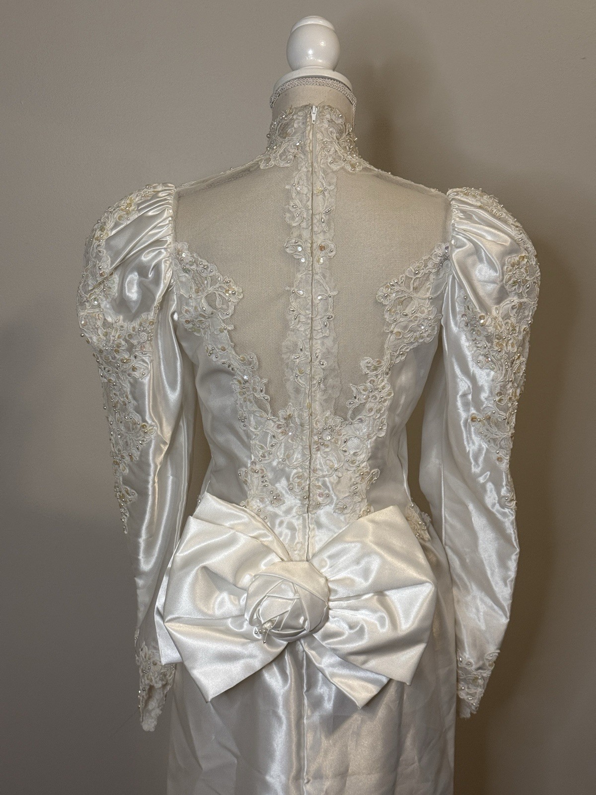 Vtg Mori Lee Satin Wedding Dress High Neck Puffed Sleeves Beading Lace Sz 8