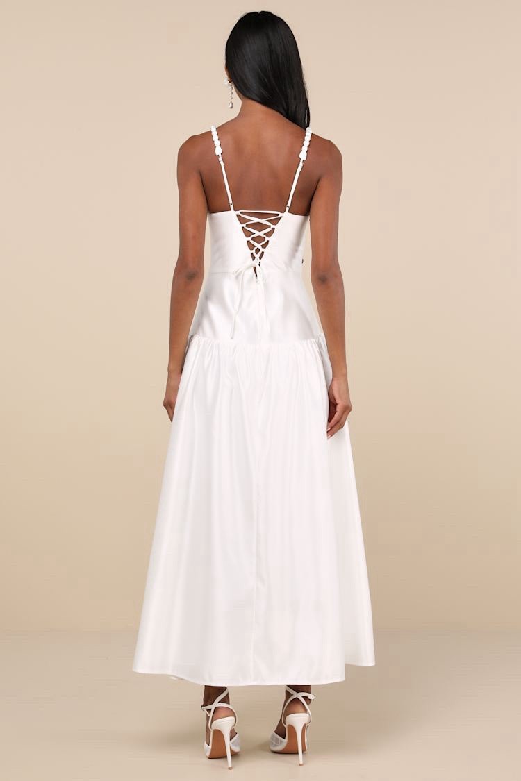 Lulus Modern Adoration Wedding Dress Sz Medium White Satin Lace Up Bridal Maxi