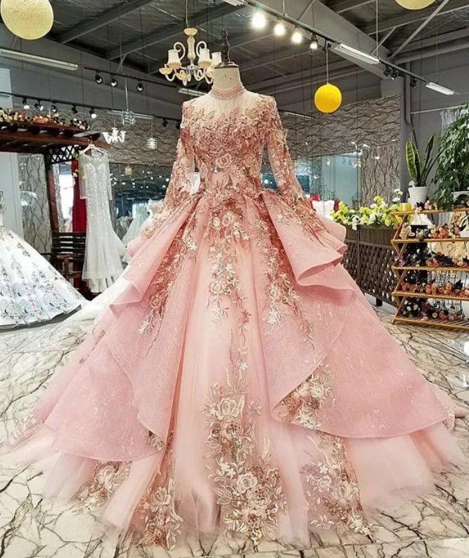 Luxurious Pink Lace A Line Wedding Dresses With Long Sleeves D Floral Laces Plus