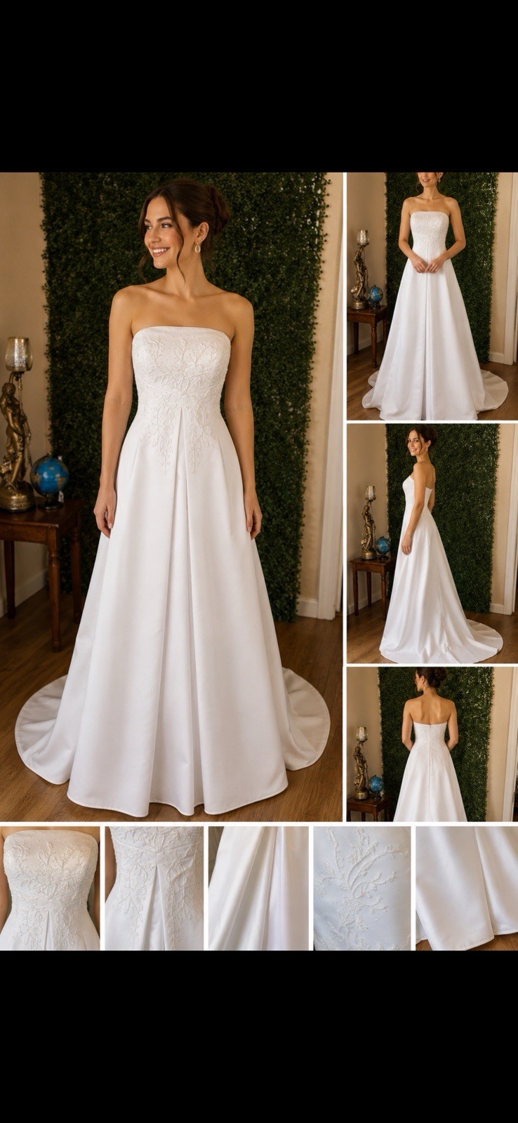 Strapless White Embroidered Beaded A-Line Wedding Dress with Train & Buttons